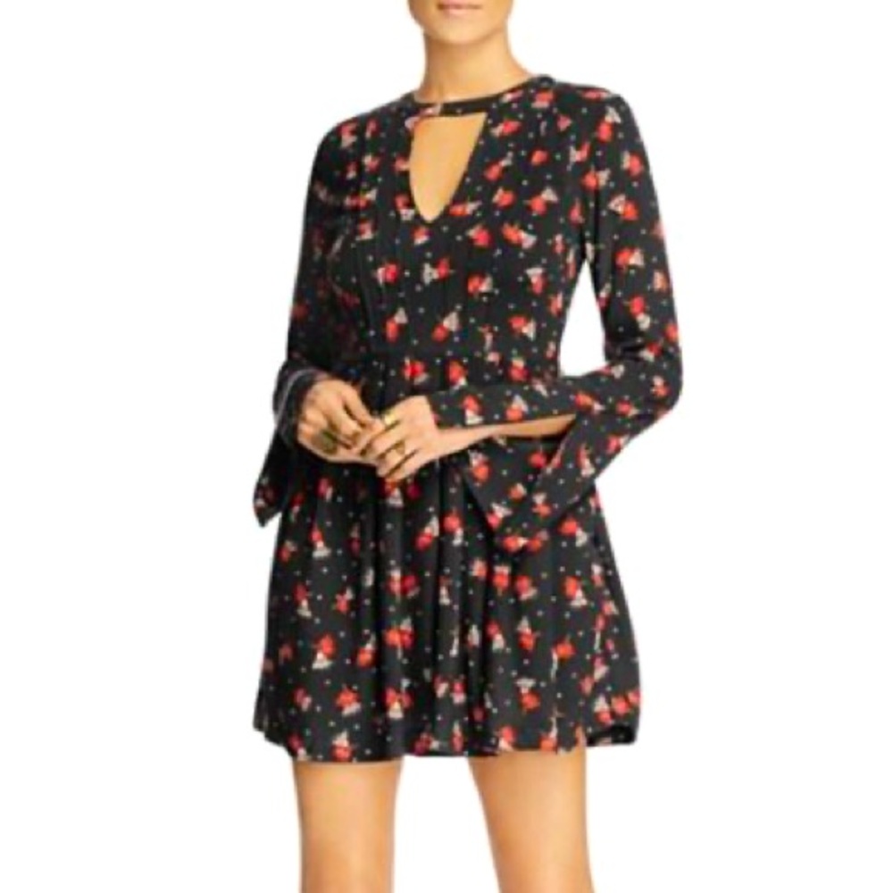 Free People Tegan Floral Fit Flare Mini Dress Keyhole neck Long Sleeve Rayon 12